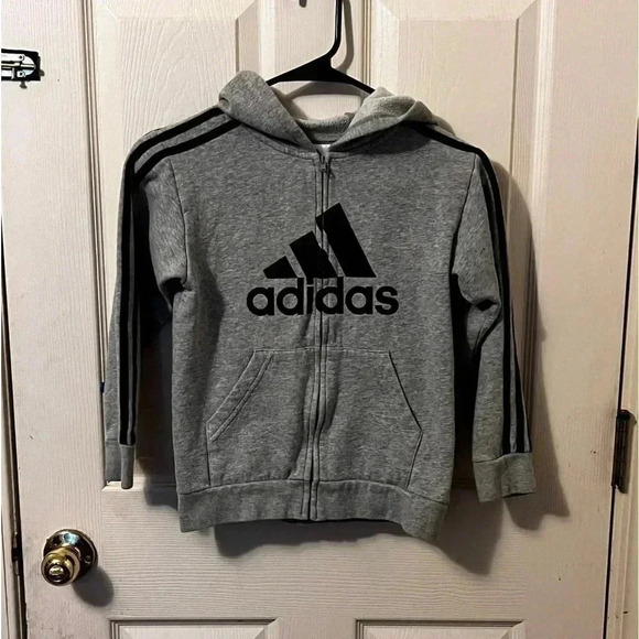 Adidas gray 3-stripe full zip hoodie boys Size 7 Small White Spot On Back - Picture 1 of 6